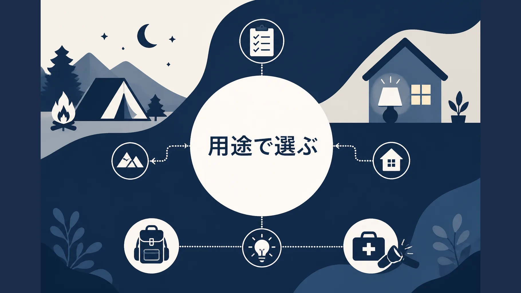 ポータブル電源のおすすめ比較記事のアイキャッチ。用途から選ぶイメージの抽象イラスト
