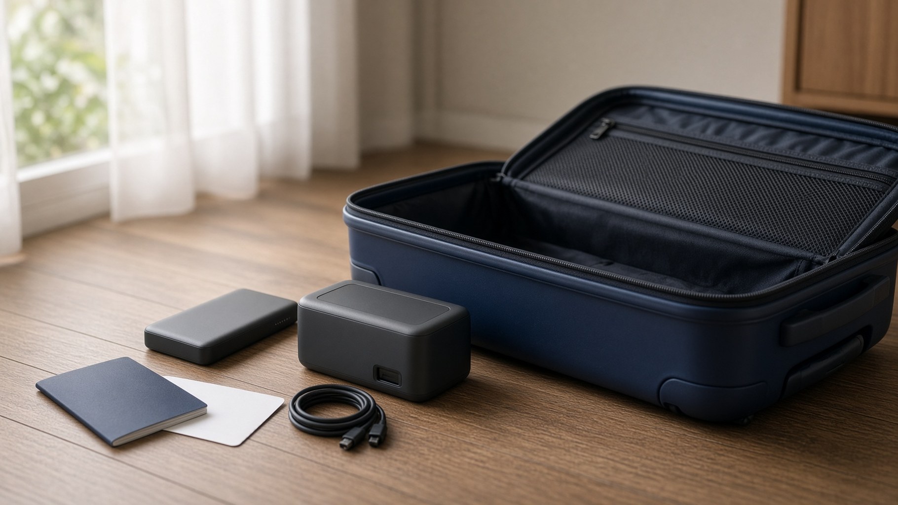 開いたスーツケースのそばに並んだモバイルバッテリーと小型ポータブル電源